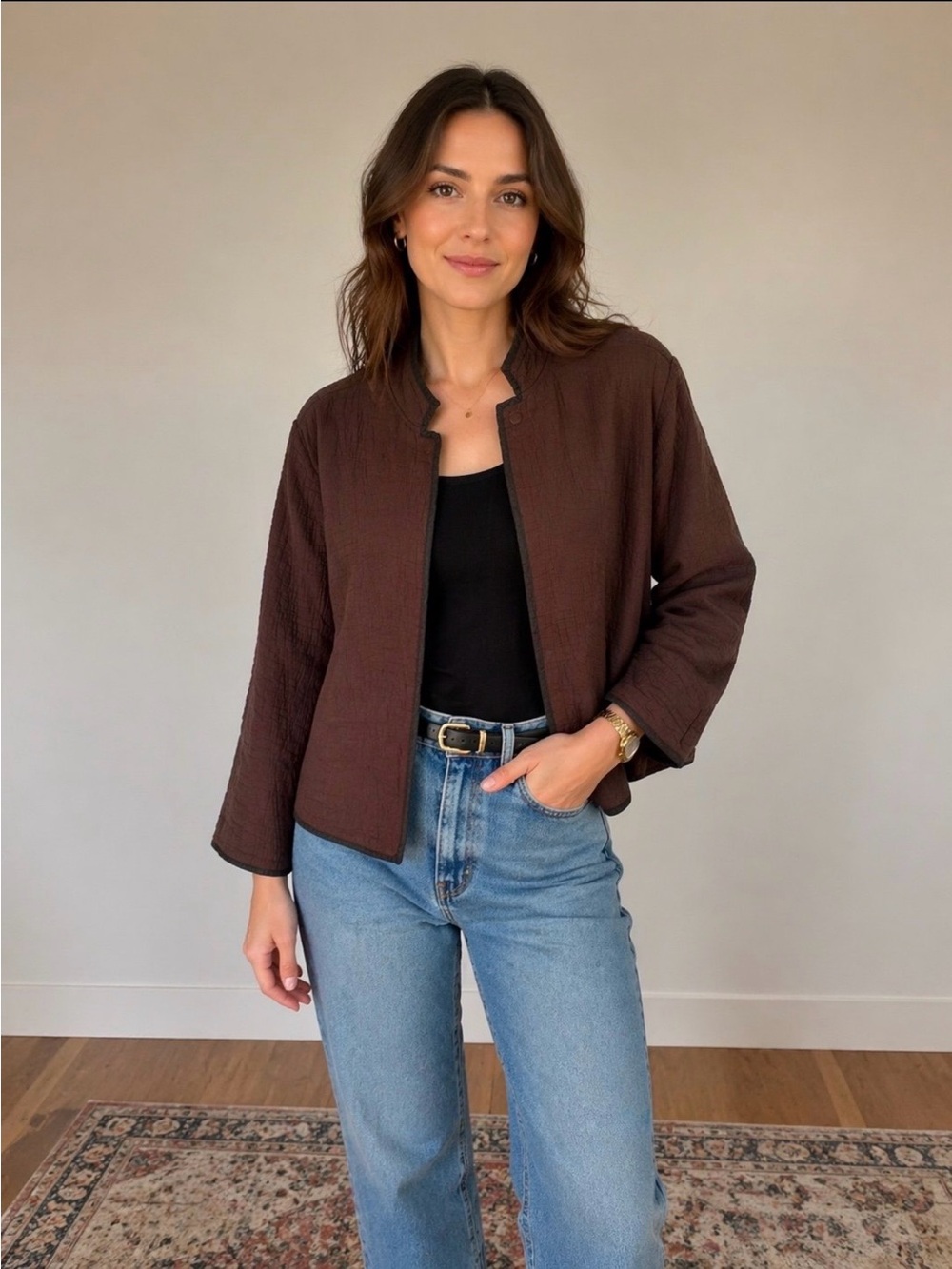 Chico's Brown Silk Blend Textured Open Front Jacket Size 2